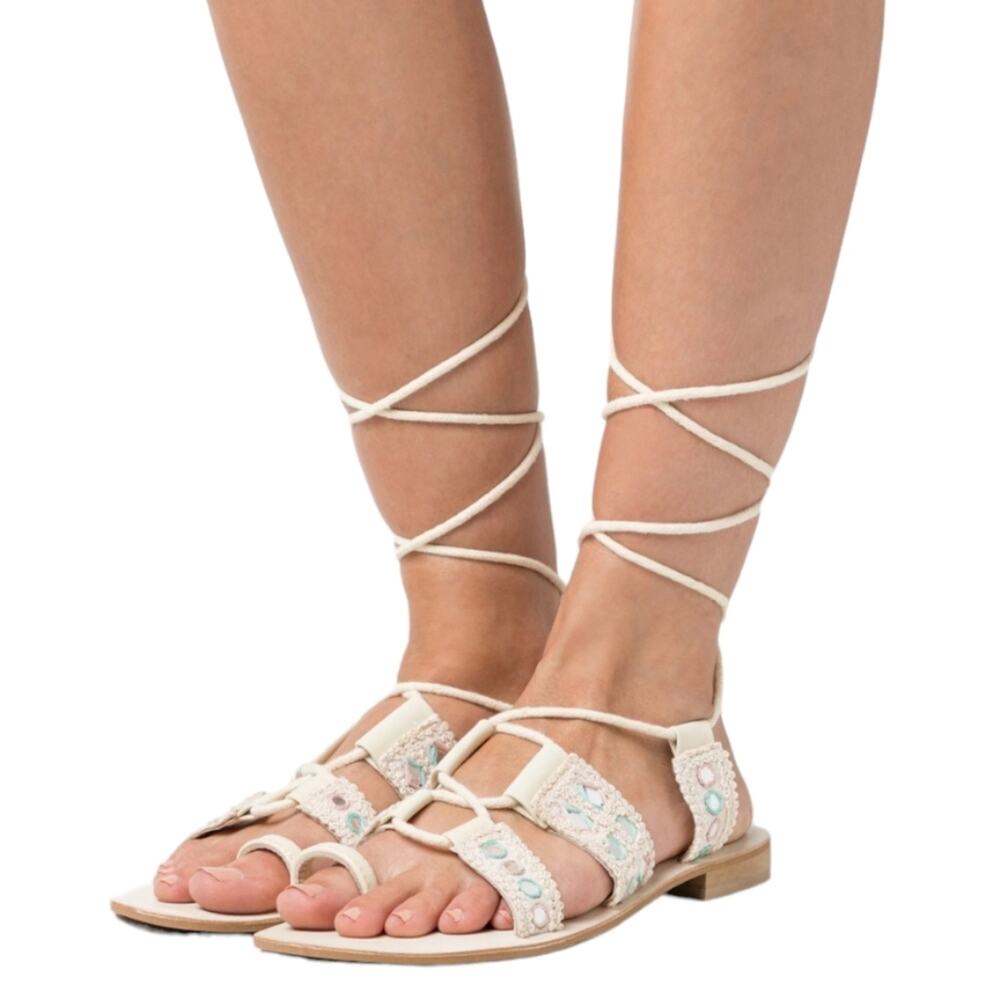 Free‎ People Mantra Mirror Sandal 39 US 8 In Natural Scrappy Lace Up